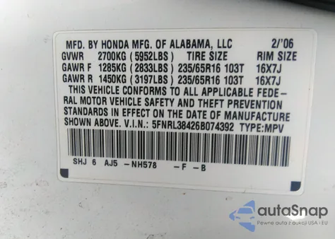 2006 Honda Odyssey Ex z USA, uszkodzony, nr VIN 5FNRL38426B074392